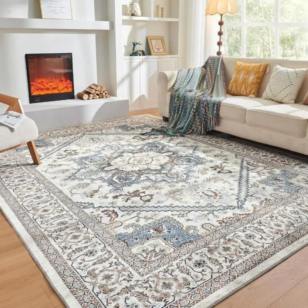 New 5x7 Area Rug, Soft Washable Faux Cashmere Carpet, Non-Slip, Grey/Blue/Cream